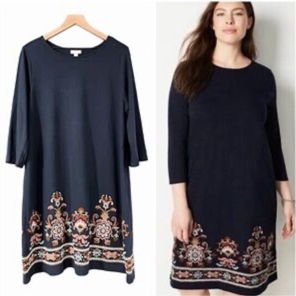 J. Jill Navy Blue 3/4 Long Sleeve Embroidered Floral Pull Over Shift Dress Large